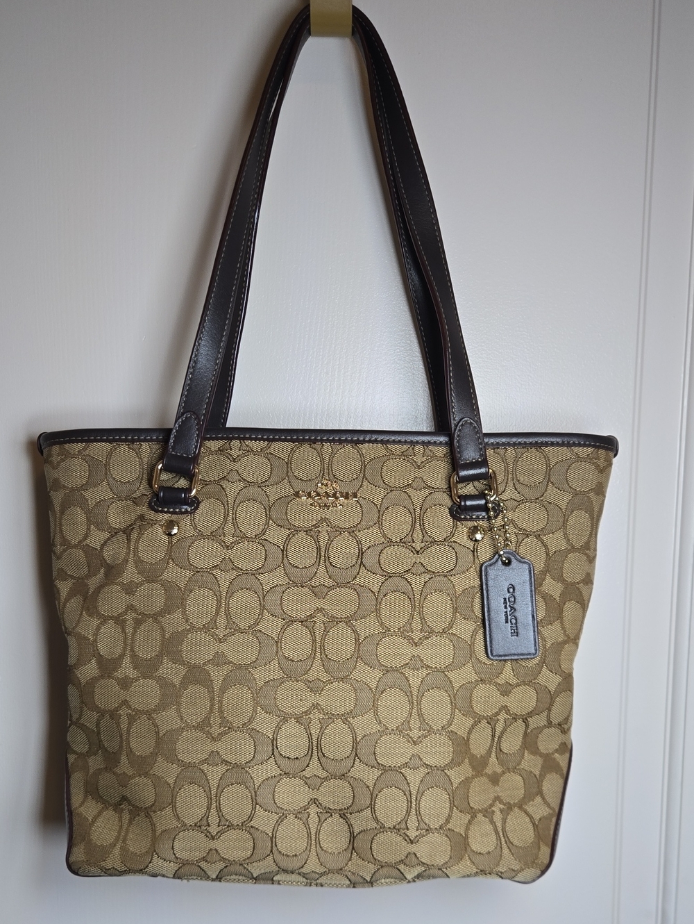 Coach Signature Canvas Tote in Tan and Dark Brown
